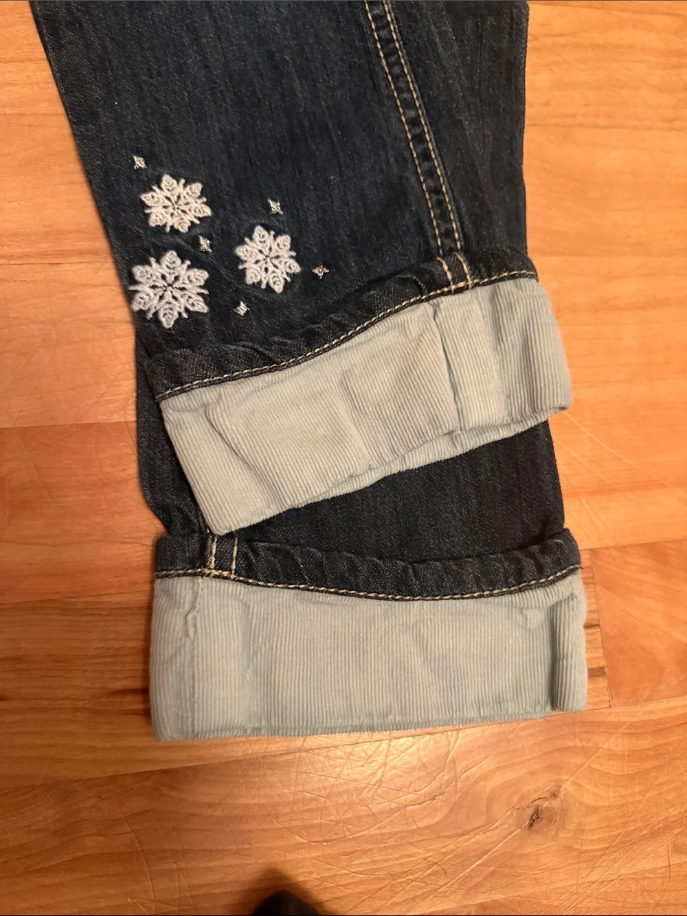 Gymboree Dark Denim Jeans with Light Blue Cuff and Snowflake Embroidery